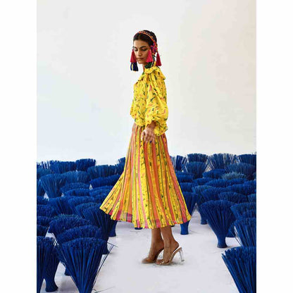 Baise Gaba Yellow Midi Length Printed Geel Skirt