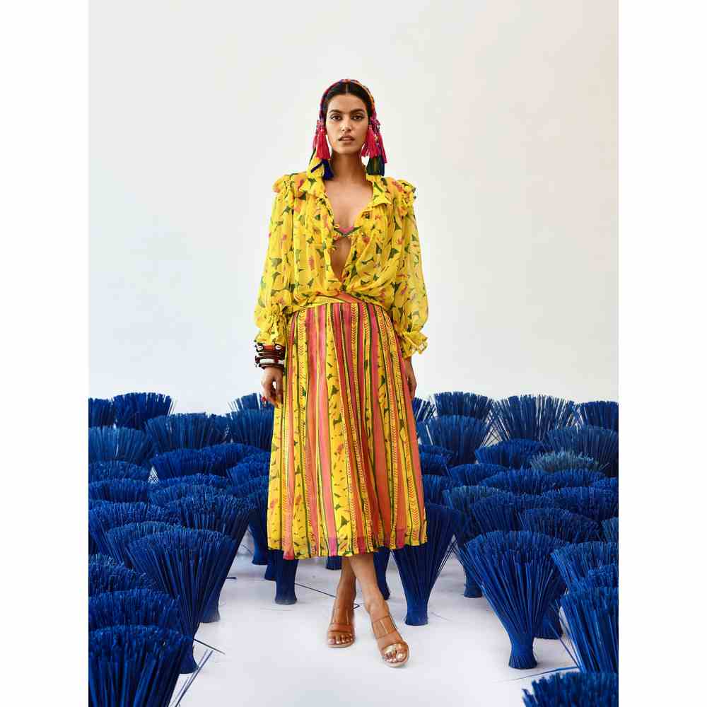 Baise Gaba Yellow Midi Length Printed Geel Skirt