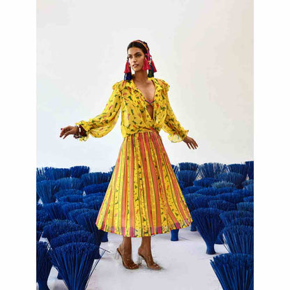 Baise Gaba Yellow Midi Length Printed Geel Skirt