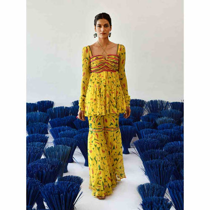Baise Gaba Yellow Printed Ora Top and Gharara (Set of 2)