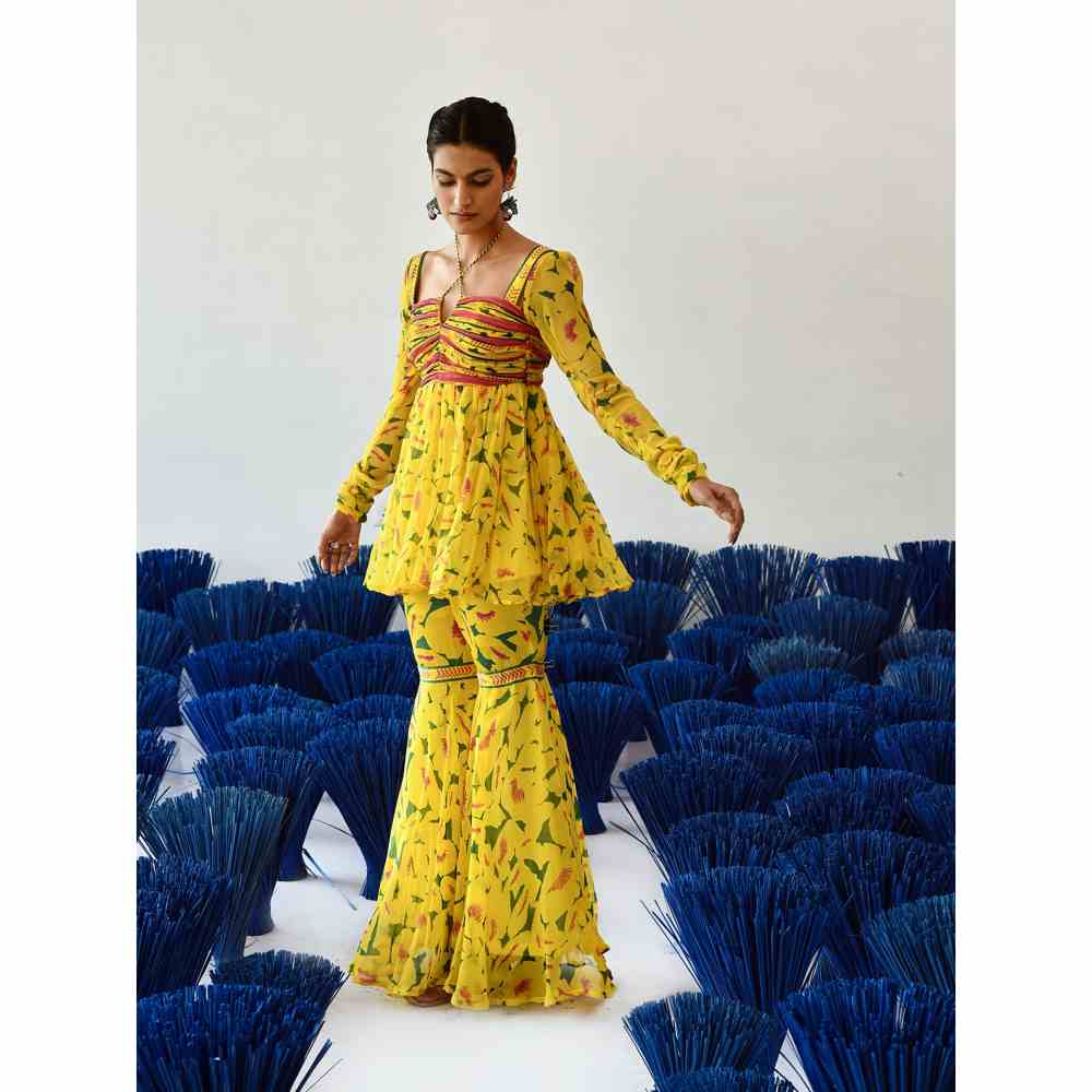 Baise Gaba Yellow Printed Ora Top and Gharara (Set of 2)