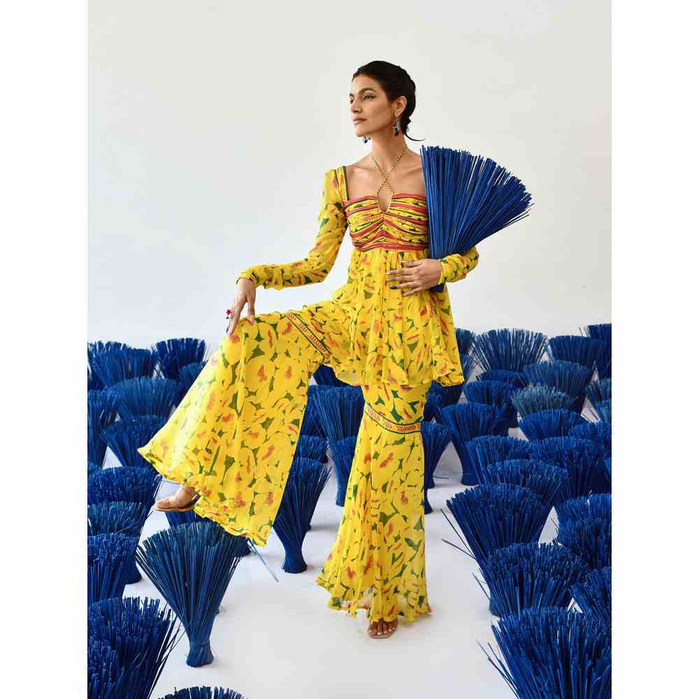 Baise Gaba Yellow Printed Ora Top and Gharara (Set of 2)