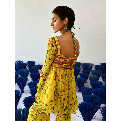 Baise Gaba Yellow Printed Ora Top and Gharara (Set of 2)
