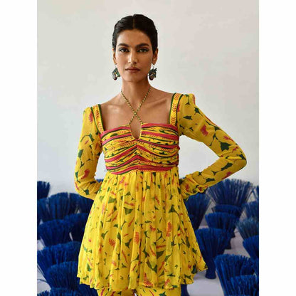 Baise Gaba Yellow Printed Ora Top and Gharara (Set of 2)