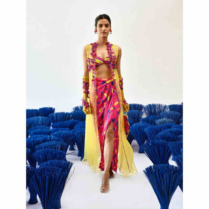 Baise Gaba Yellow Pink Western Blouse and Skirt with Maua Choga (Set of 3)