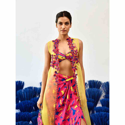 Baise Gaba Yellow Pink Western Blouse and Skirt with Maua Choga (Set of 3)