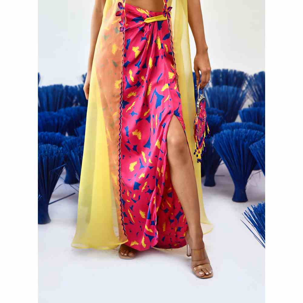 Baise Gaba Yellow Pink Western Blouse and Skirt with Maua Choga (Set of 3)