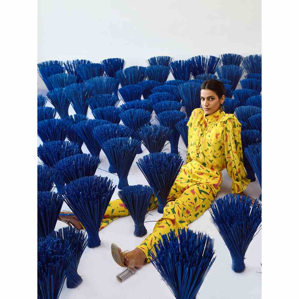 Baise Gaba Yellow Printed Straight Fit Avi Pants
