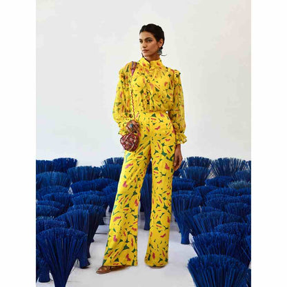 Baise Gaba Yellow Printed Feminine Collar Atrangi Shirt with Slip (Set of 2)