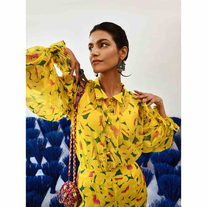 Baise Gaba Yellow Printed Feminine Collar Atrangi Shirt with Slip (Set of 2)