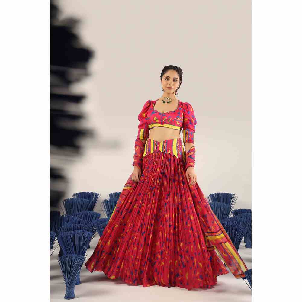 Baise Gaba Gher chiffon Lehenga with Blouse & Dupatta (Set of 3)