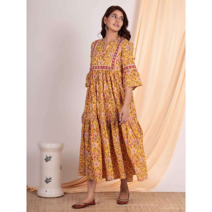Bavaria Yellow Red Cotton Printed Dress With Pockets