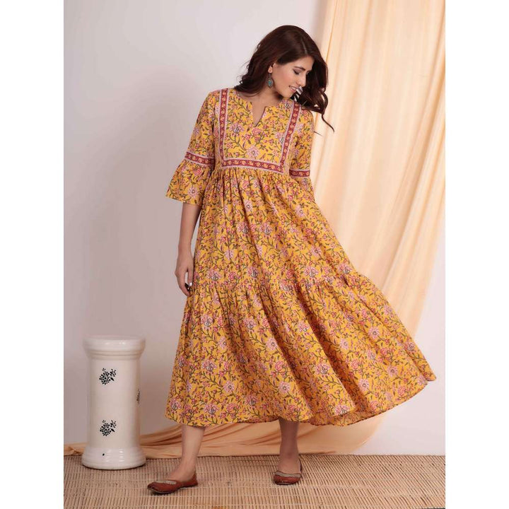 Bavaria Yellow Red Cotton Printed Dress With Pockets