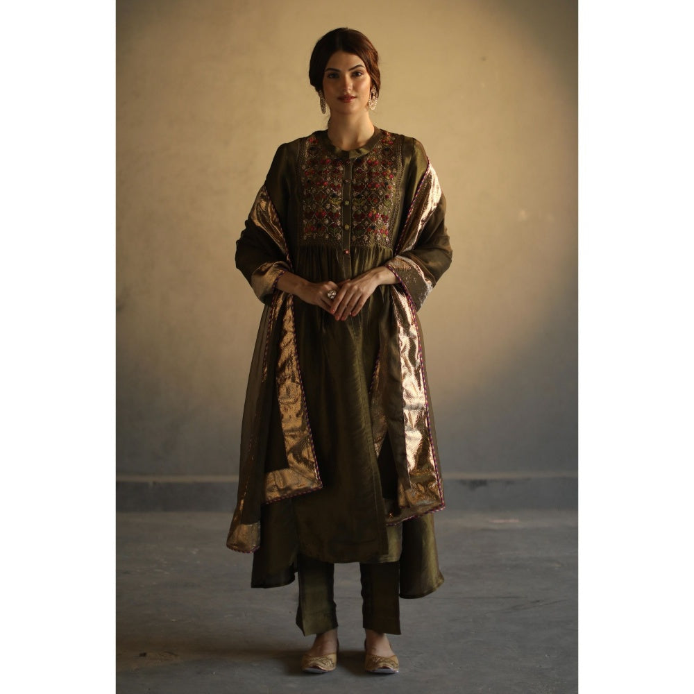 Begum Pret Sitara Kurta - Olive (Set of 3)