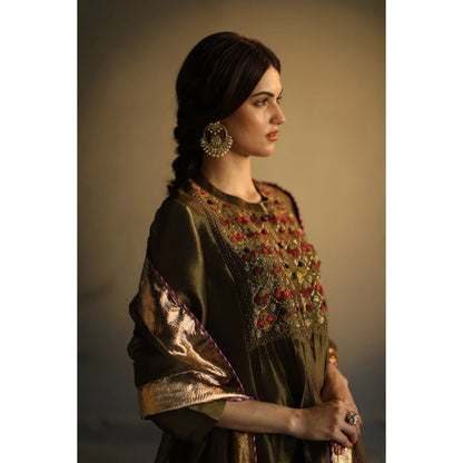 Begum Pret Sitara Kurta - Olive (Set of 3)