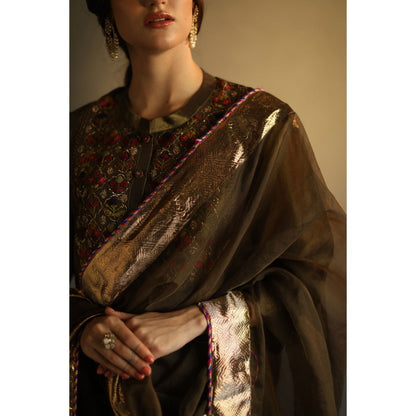 Begum Pret Sitara Kurta - Olive (Set of 3)