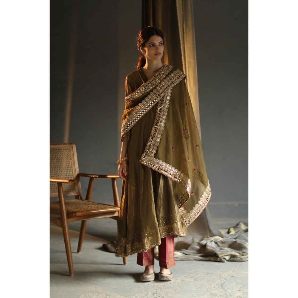 Begum Pret Gulal Kurta - Deep Olive (Set of 4)