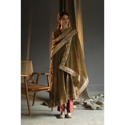 Begum Pret Gulal Kurta - Deep Olive (Set of 4)