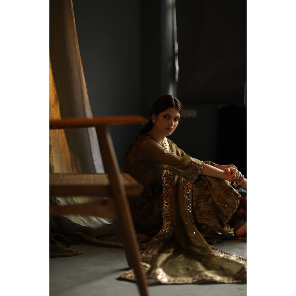 Begum Pret Gulal Kurta - Deep Olive (Set of 4)