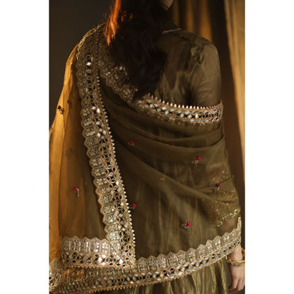 Begum Pret Gulal Kurta - Deep Olive (Set of 4)