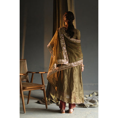 Begum Pret Gulal Kurta - Deep Olive (Set of 4)