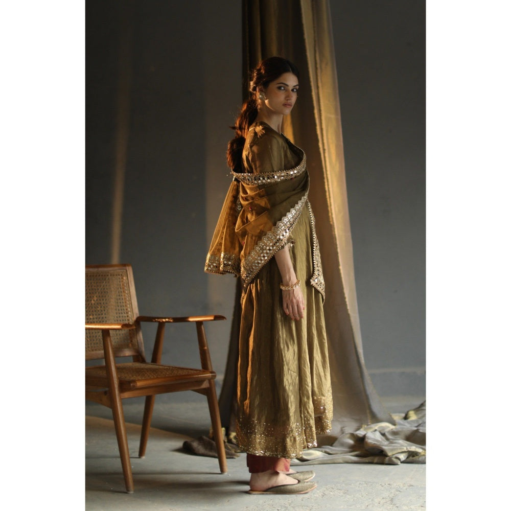 Begum Pret Gulal Kurta - Deep Olive (Set of 4)