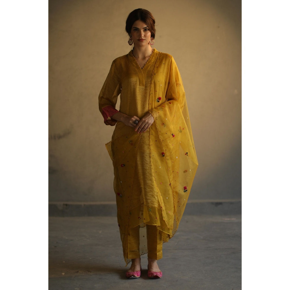Begum Pret Jhilmil Kurta - Mustard (Set of 4)