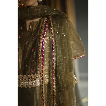 Begum Pret Nakasha Kurta - Deep Olive (Set of 4)