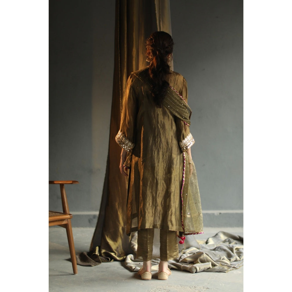 Begum Pret Nakasha Kurta - Deep Olive (Set of 4)