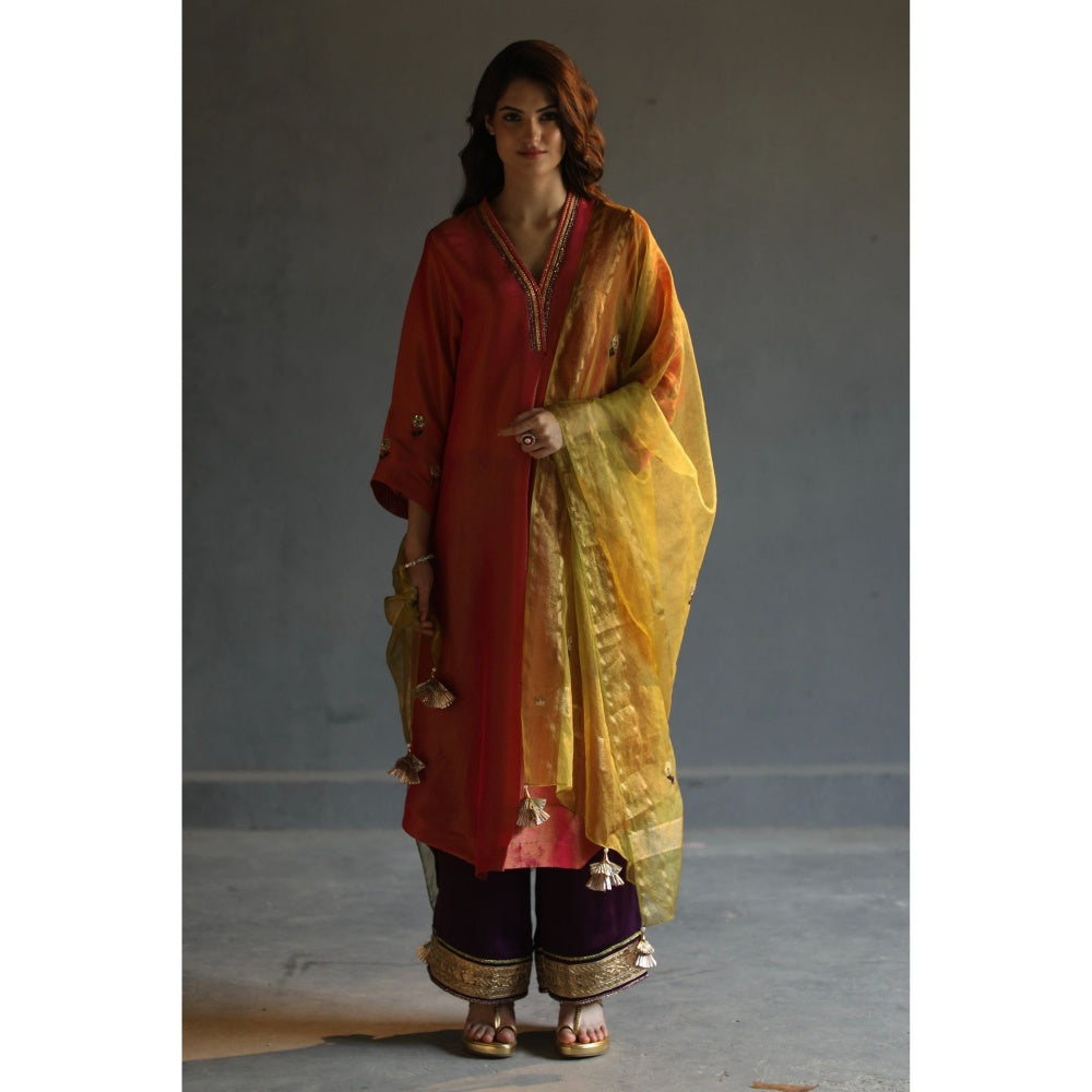 Begum Pret Chandni Kurta - Coral (Set of 3)