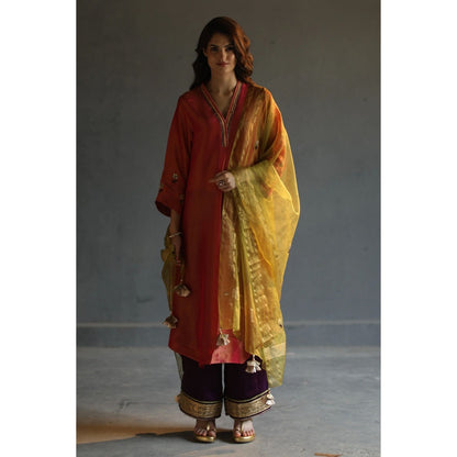 Begum Pret Chandni Kurta - Coral (Set of 3)