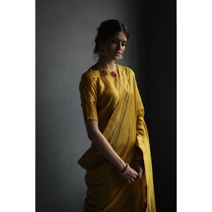 Begum Pret Selina Saree - Mustard with Stitched Blouse