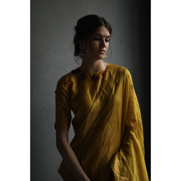 Begum Pret Selina Saree - Mustard with Stitched Blouse