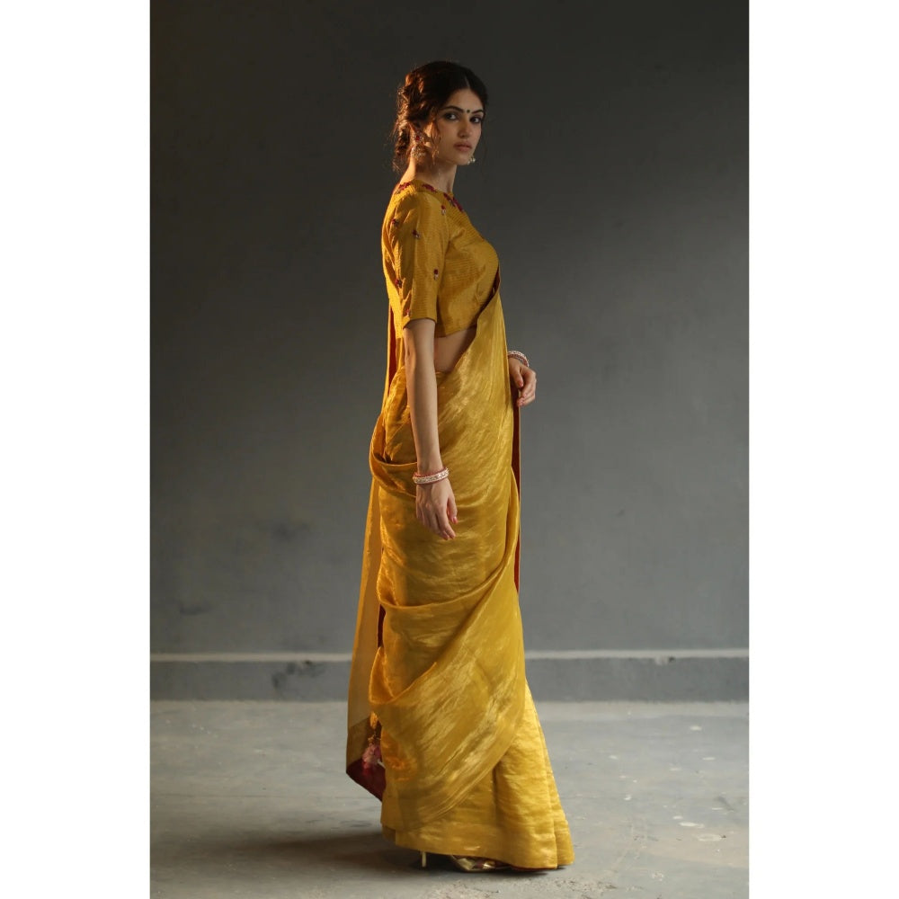 Begum Pret Selina Saree - Mustard with Stitched Blouse