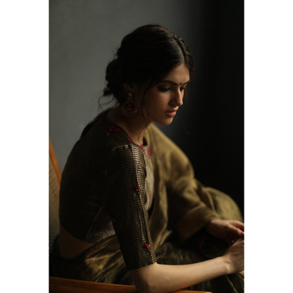 Begum Pret Selina Saree - Charcoal Grey with Stitched Blouse