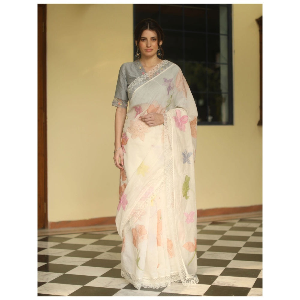 Begum Pret Esme Chanderi Saree - Ivory with Stitched Blouse