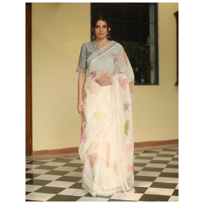 Begum Pret Esme Chanderi Saree - Ivory with Stitched Blouse
