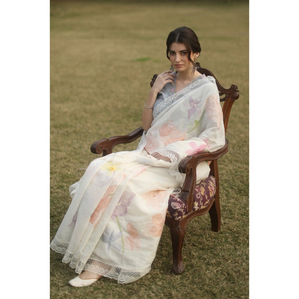 Begum Pret Esme Chanderi Saree - Ivory with Stitched Blouse