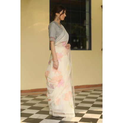 Begum Pret Esme Chanderi Saree - Ivory with Stitched Blouse