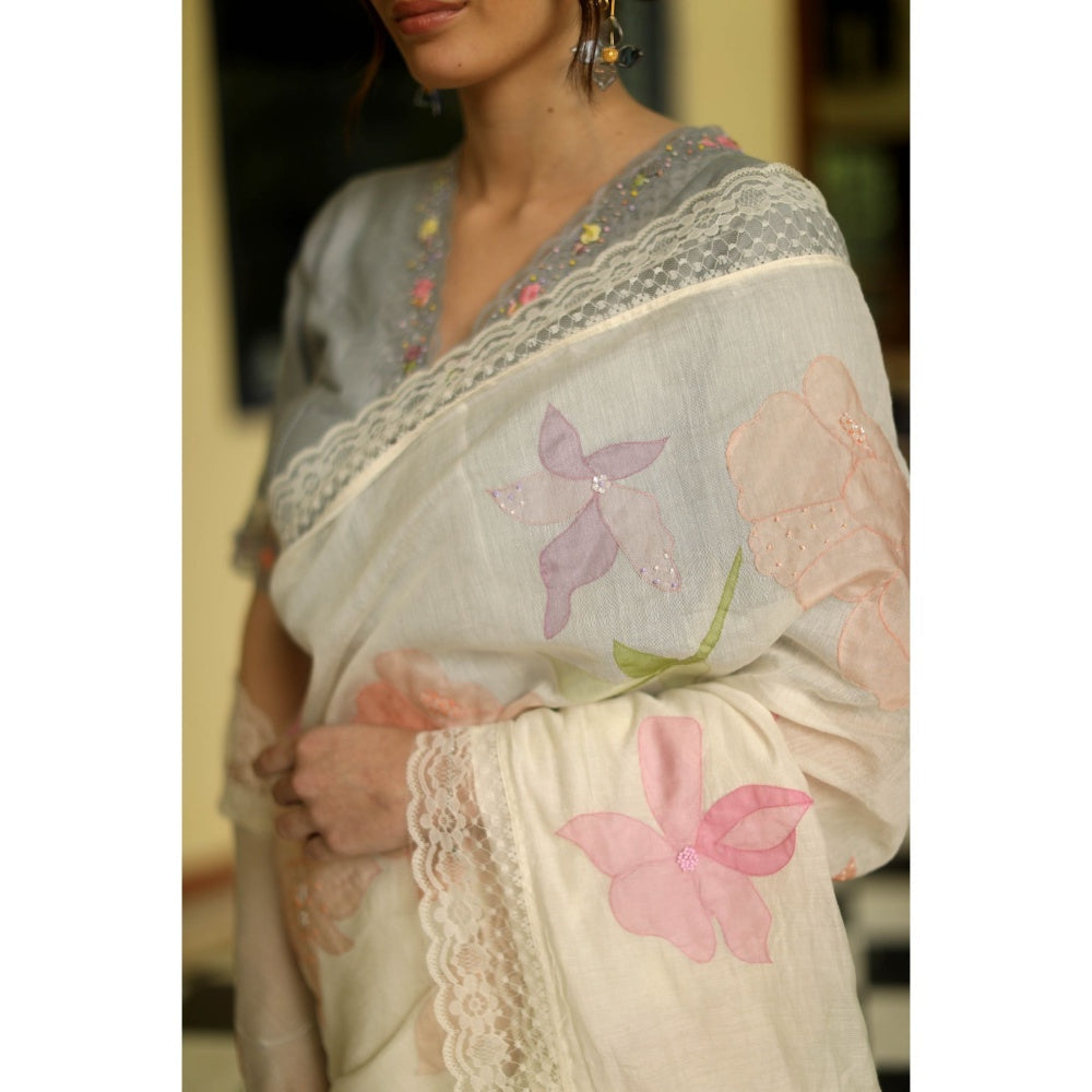 Begum Pret Esme Chanderi Saree - Ivory with Stitched Blouse