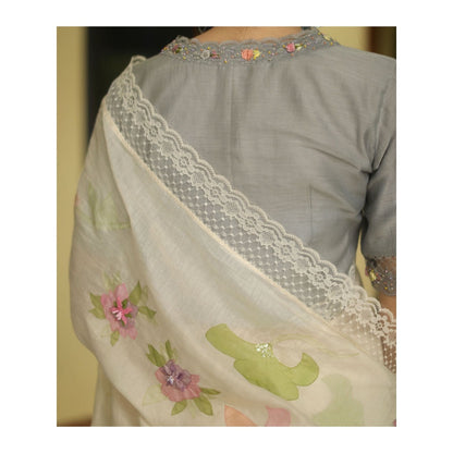 Begum Pret Esme Chanderi Saree - Ivory with Stitched Blouse