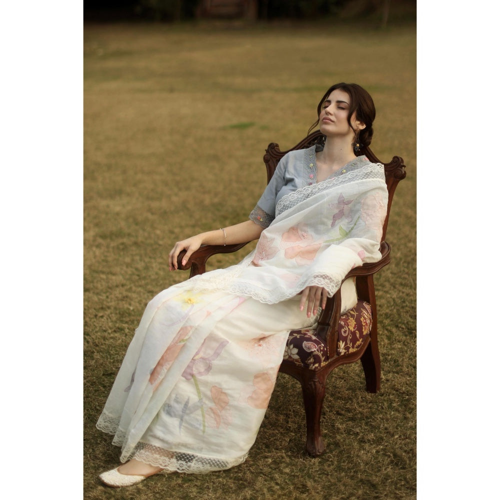 Begum Pret Esme Chanderi Saree - Ivory with Stitched Blouse