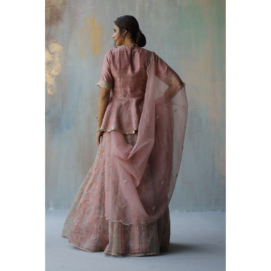 Begum Pret Alana Plum Lehenga with Peplum Blouse (Set of 3)