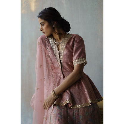 Begum Pret Alana Plum Lehenga with Peplum Blouse (Set of 3)