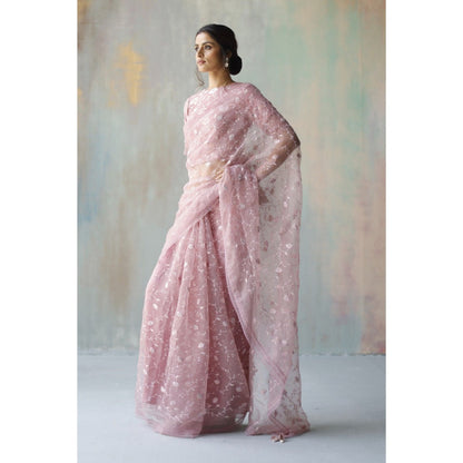 Begum Pret Saba Plum Saree with Stitched Blouse (Set of 2)