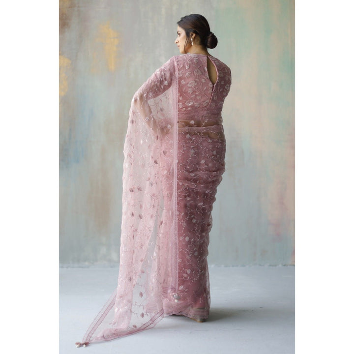 Begum Pret Saba Plum Saree with Stitched Blouse (Set of 2)