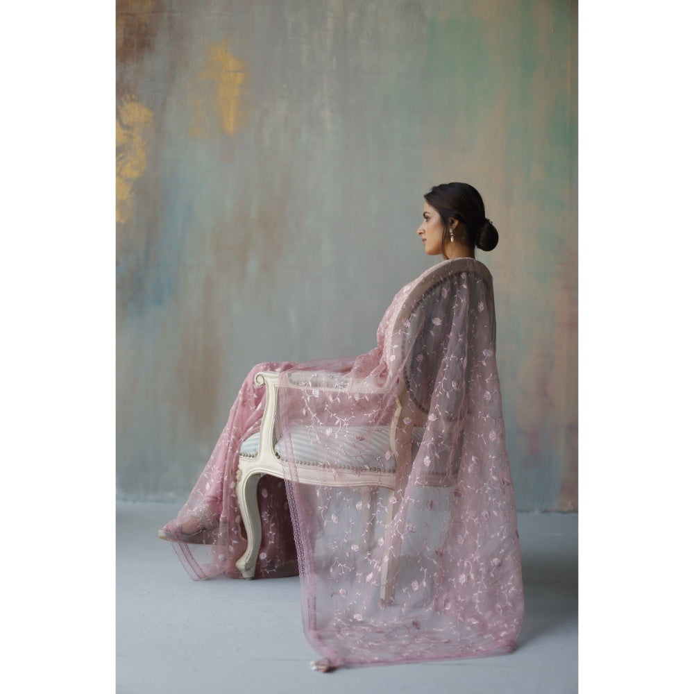 Begum Pret Saba Plum Saree with Stitched Blouse (Set of 2)