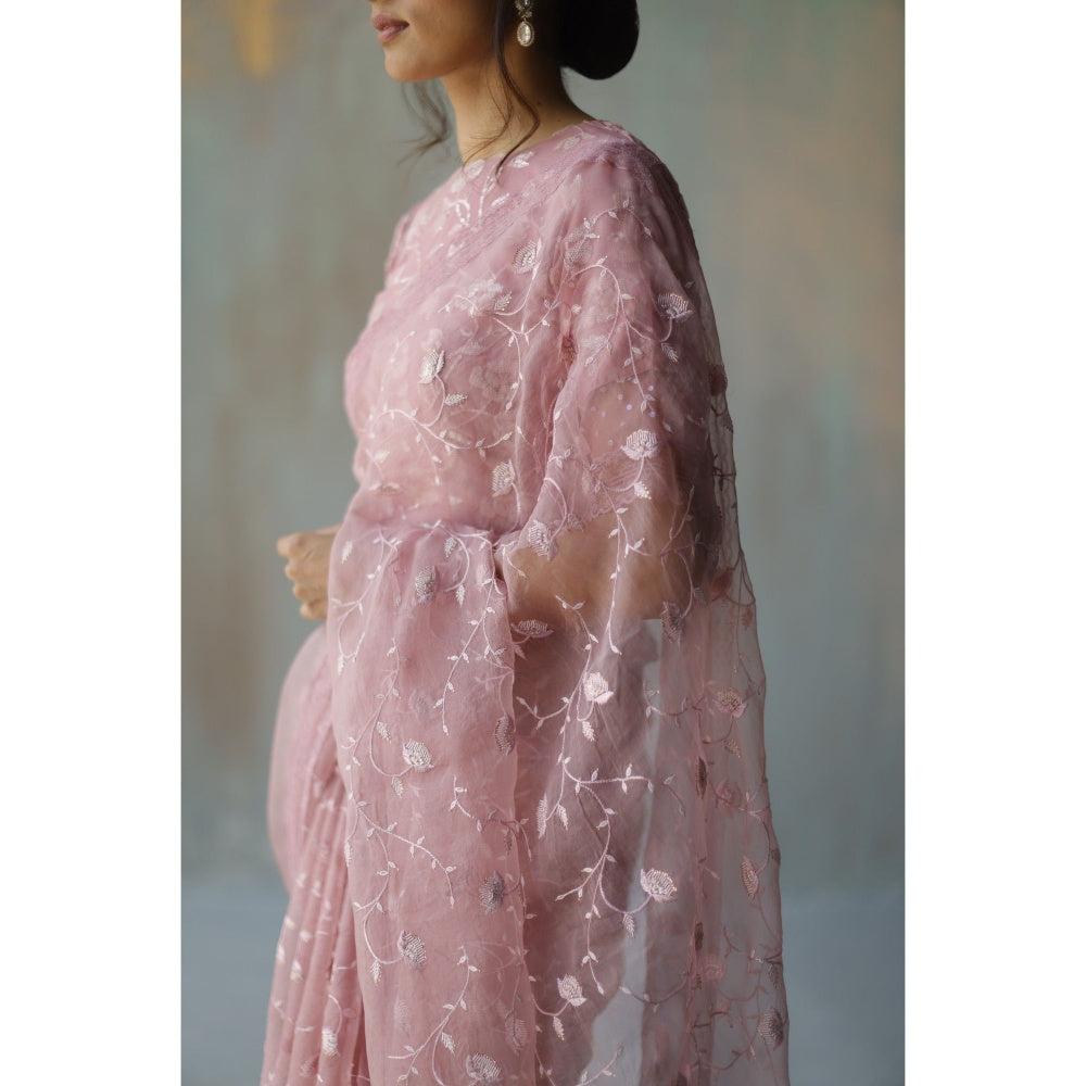 Begum Pret Saba Plum Saree with Stitched Blouse (Set of 2)