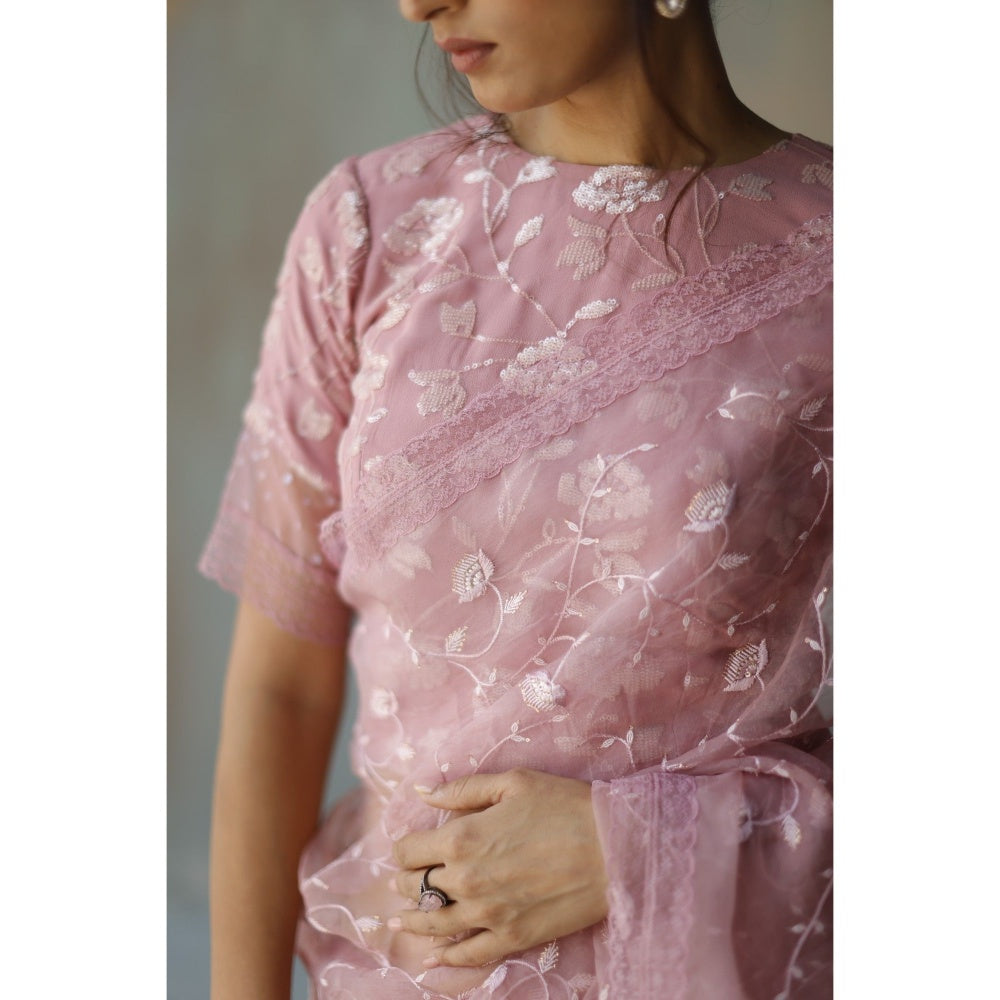 Begum Pret Saba Plum Saree with Stitched Blouse (Set of 2)