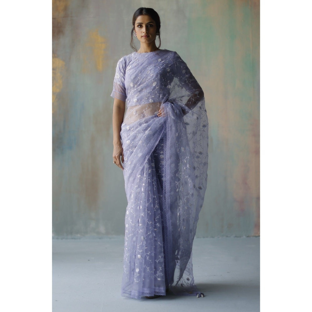 Begum Pret Saba Periwinkle Saree with Stitched Blouse (Set of 2)
